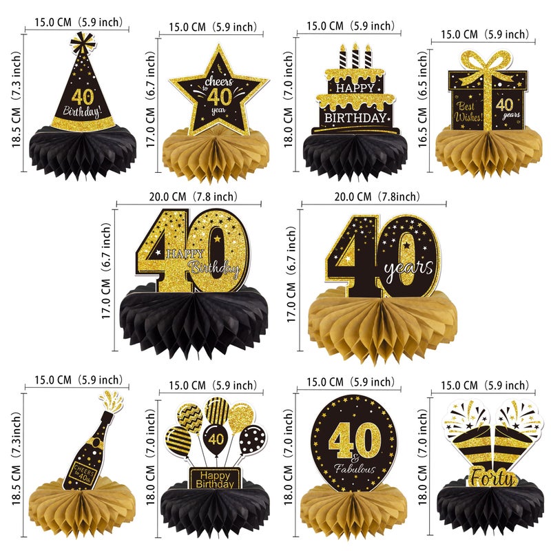 Gexolenu 10pcs 40th Birthday Decorations Honeycomb Centerpieces, Gold & Black, for 40 Fabulous Birthday Party - Image 2